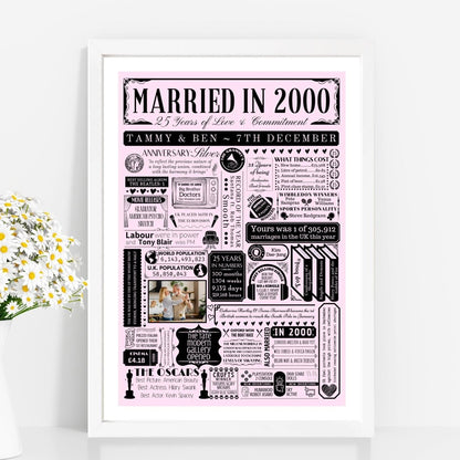 Married in 2000 Print with Photo | Personalised 25th Silver Wedding Anniversary Gift - The Word Shack