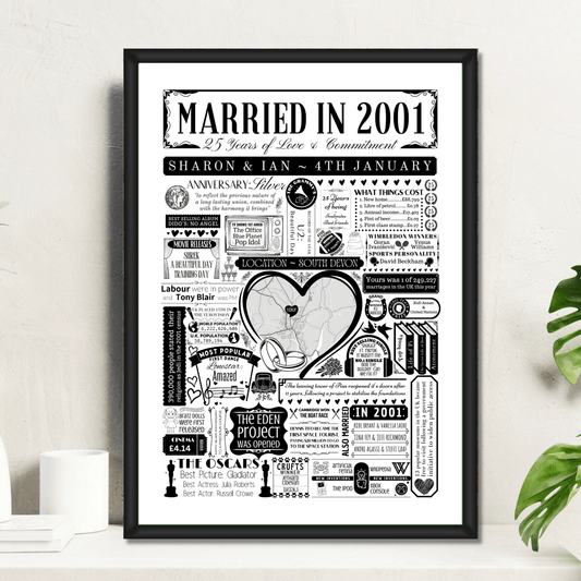 Married in 2001 Wedding Location Map Print | Personalised 25th Anniversary Gift - The Word Shack