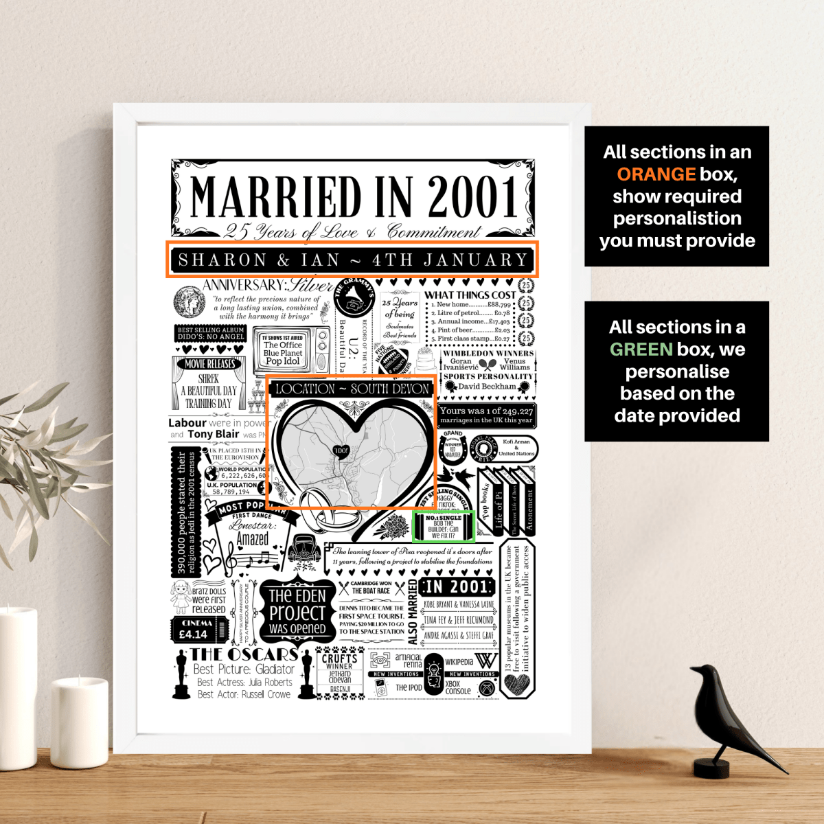 Married in 2001 Wedding Location Map Print | Personalised 25th Anniversary Gift - The Word Shack