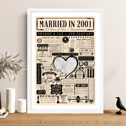 Married in 2001 Wedding Location Map Print | Personalised 25th Anniversary Gift - The Word Shack