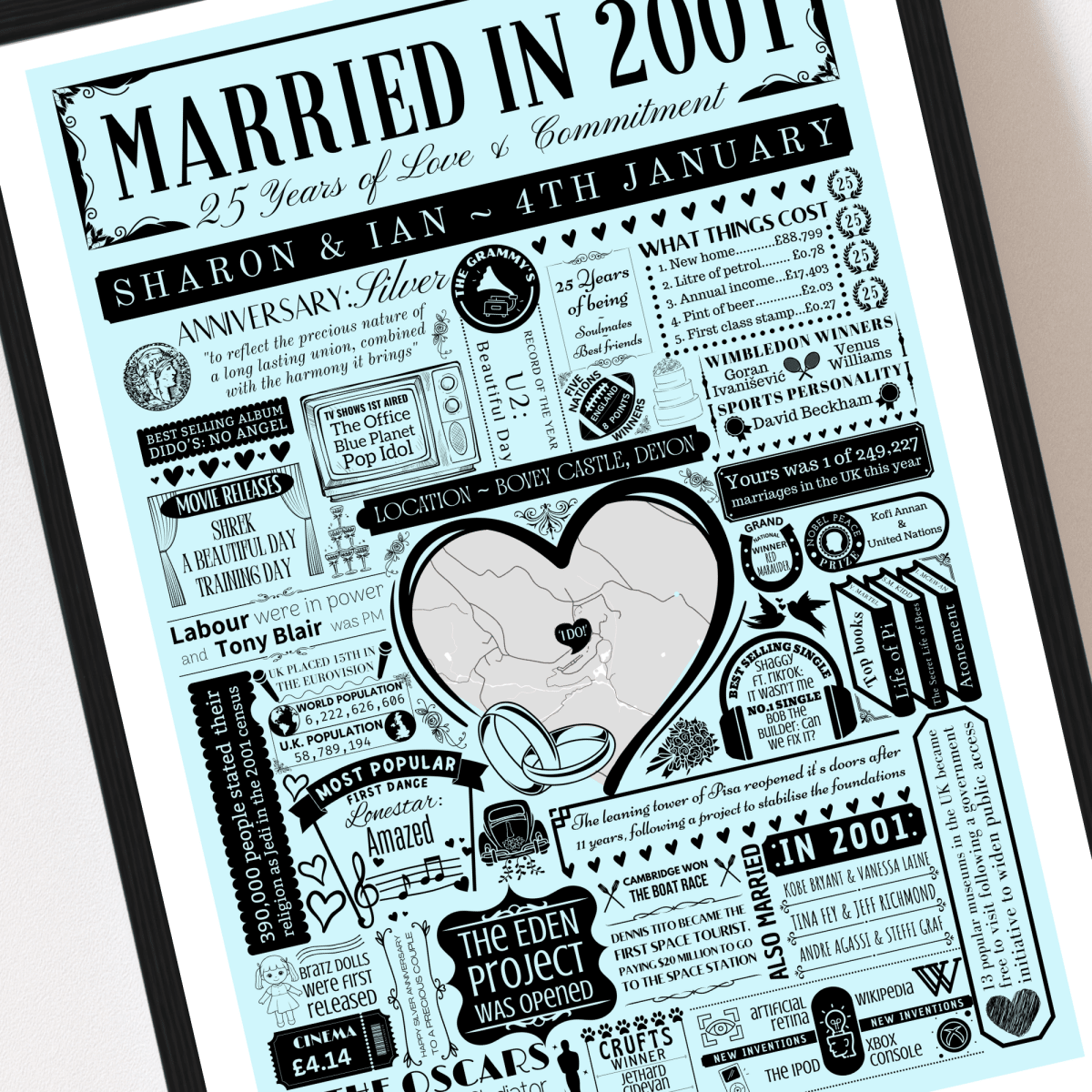 Married in 2001 Wedding Location Map Print | Personalised 25th Anniversary Gift - The Word Shack