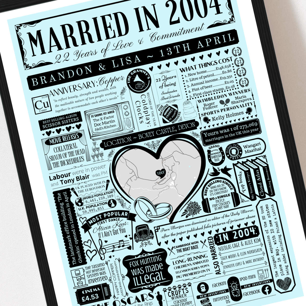Married in 2004 Wedding Location Map Print | Personalised 22nd Anniversary Gift - The Word Shack
