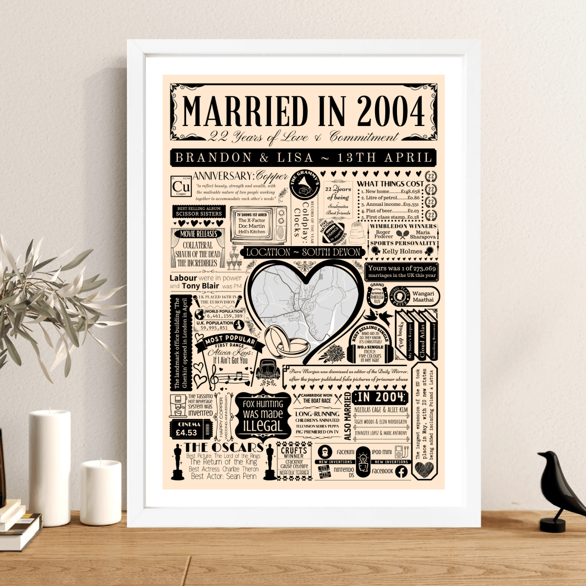 Married in 2004 Wedding Location Map Print | Personalised 22nd Anniversary Gift - The Word Shack