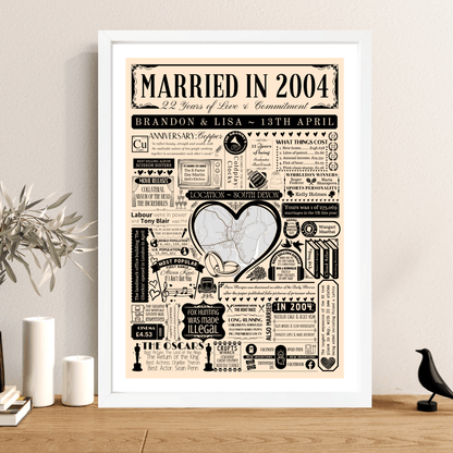Married in 2004 Wedding Location Map Print | Personalised 22nd Anniversary Gift - The Word Shack
