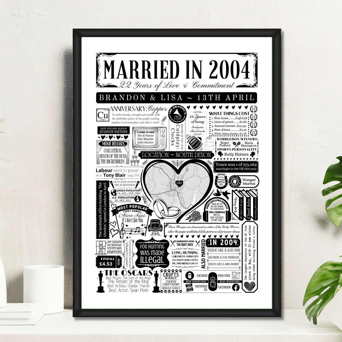 Married in 2004 Wedding Location Map Print | Personalised 22nd Anniversary Gift - The Word Shack