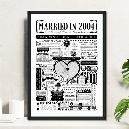 Married in 2004 Wedding Location Map Print | Personalised 22nd Anniversary Gift - The Word Shack
