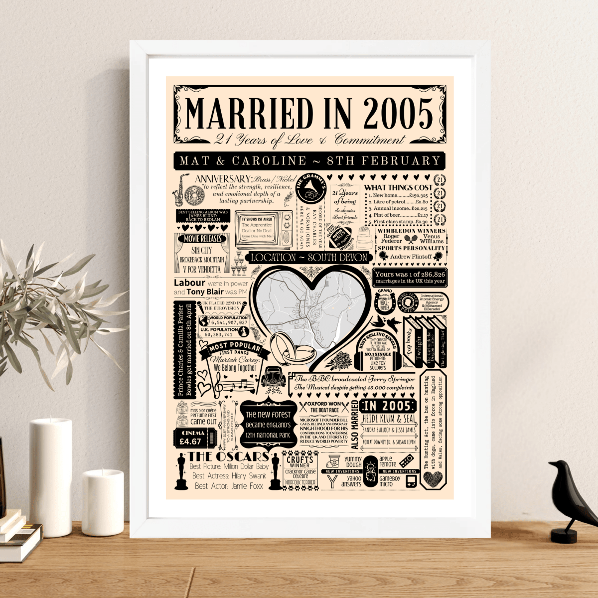 Married in 2005 Wedding Location Map Print | Personalised 21st Anniversary Gift - The Word Shack
