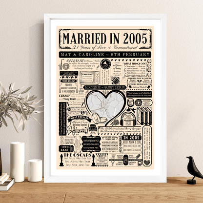 Married in 2005 Wedding Location Map Print | Personalised 21st Anniversary Gift - The Word Shack