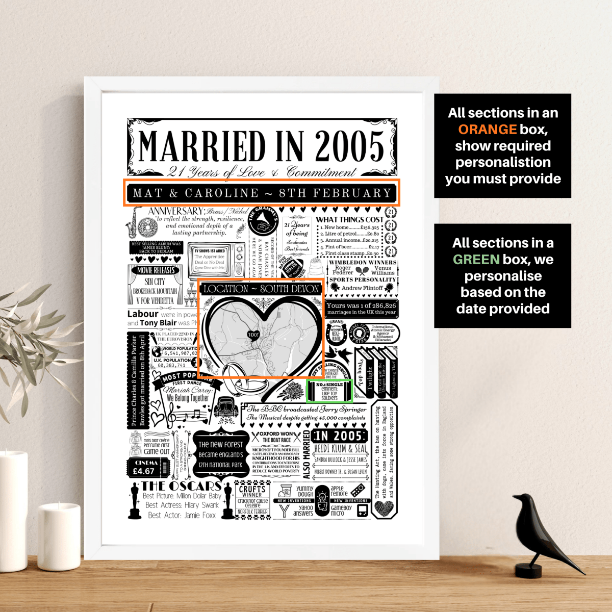 Married in 2005 Wedding Location Map Print | Personalised 21st Anniversary Gift - The Word Shack