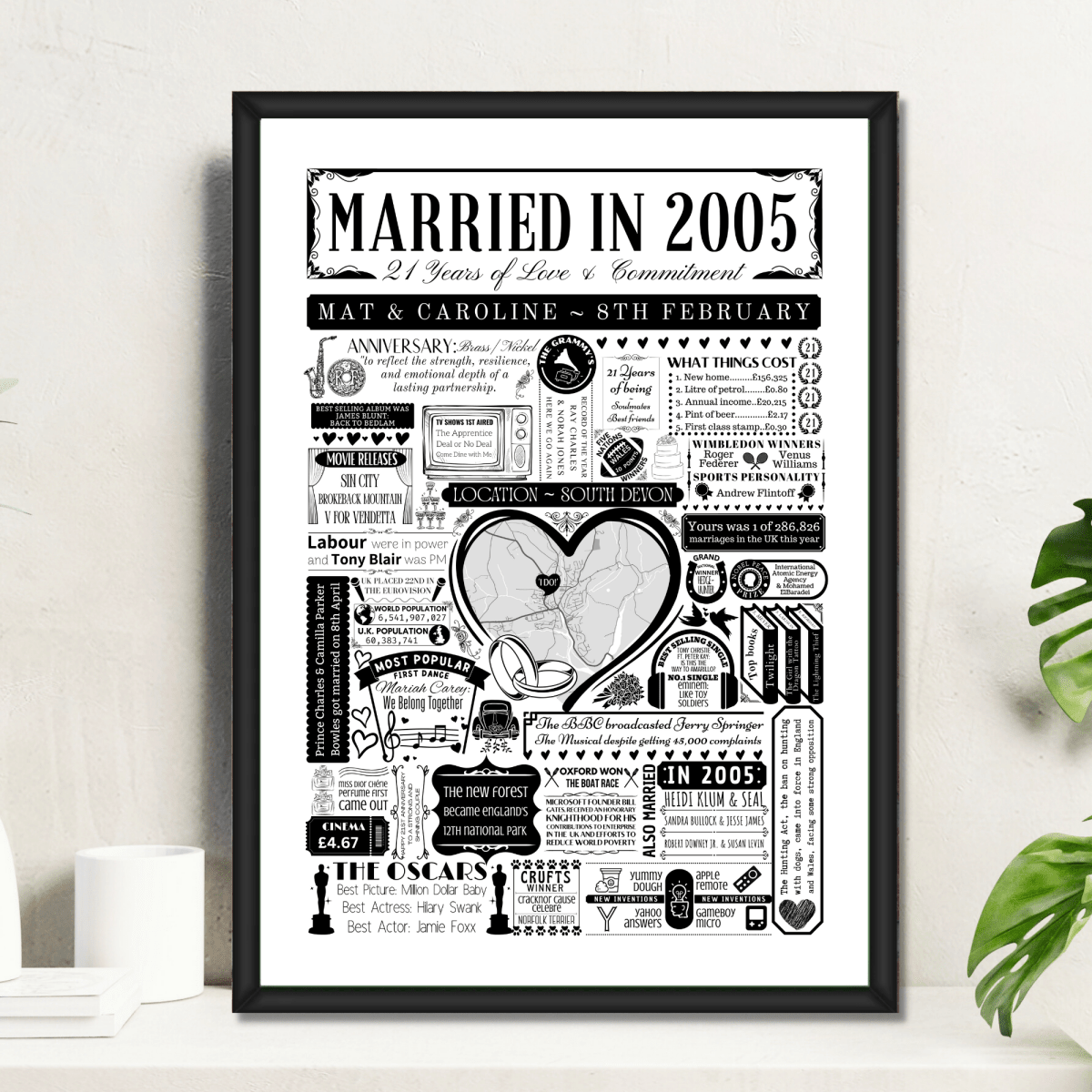 Married in 2005 Wedding Location Map Print | Personalised 21st Anniversary Gift - The Word Shack