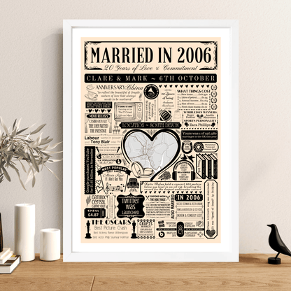 Married in 2006 Wedding Location Map Print | Personalised 20th Anniversary Gift - The Word Shack