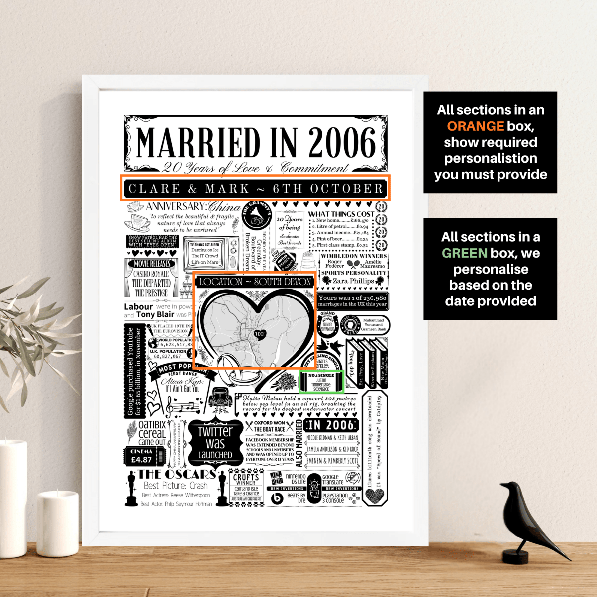 Married in 2006 Wedding Location Map Print | Personalised 20th Anniversary Gift - The Word Shack