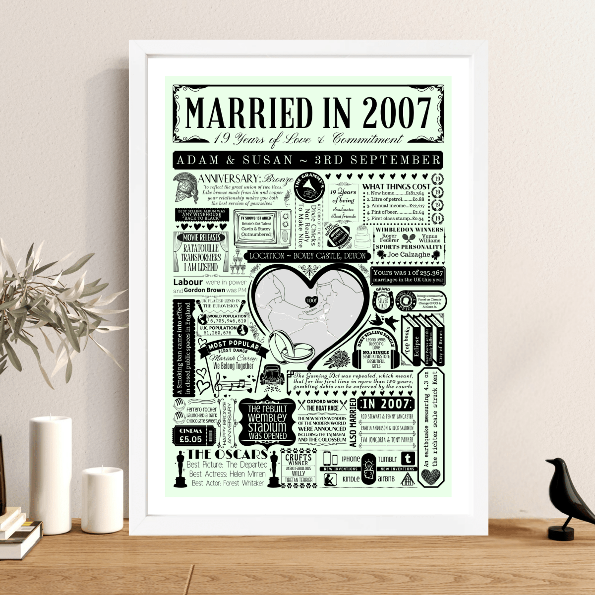 Married in 2007 Wedding Location Map Print | Personalised 19th Anniversary Gift - The Word Shack