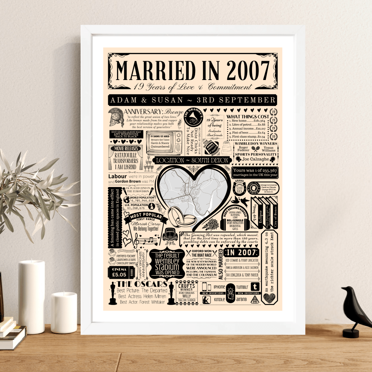 Married in 2007 Wedding Location Map Print | Personalised 19th Anniversary Gift - The Word Shack