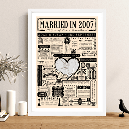 Married in 2007 Wedding Location Map Print | Personalised 19th Anniversary Gift - The Word Shack