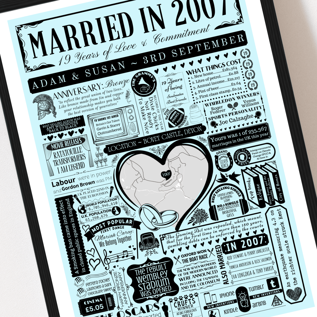Married in 2007 Wedding Location Map Print | Personalised 19th Anniversary Gift - The Word Shack