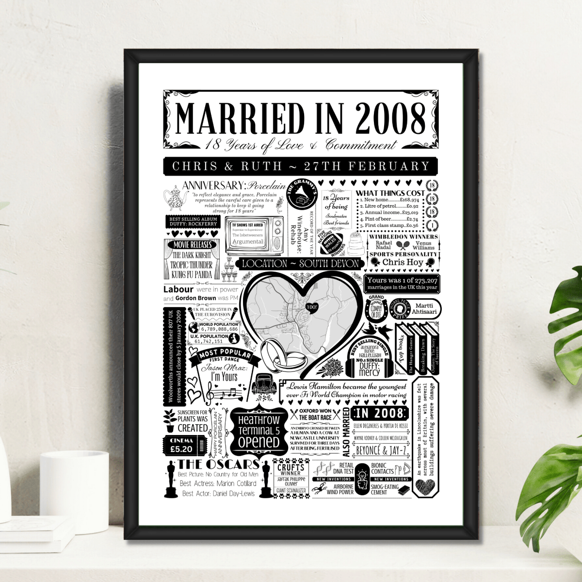 Married in 2008 Wedding Location Map Print | Personalised 18th Anniversary Gift - The Word Shack