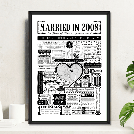 Married in 2008 Wedding Location Map Print | Personalised 18th Anniversary Gift - The Word Shack