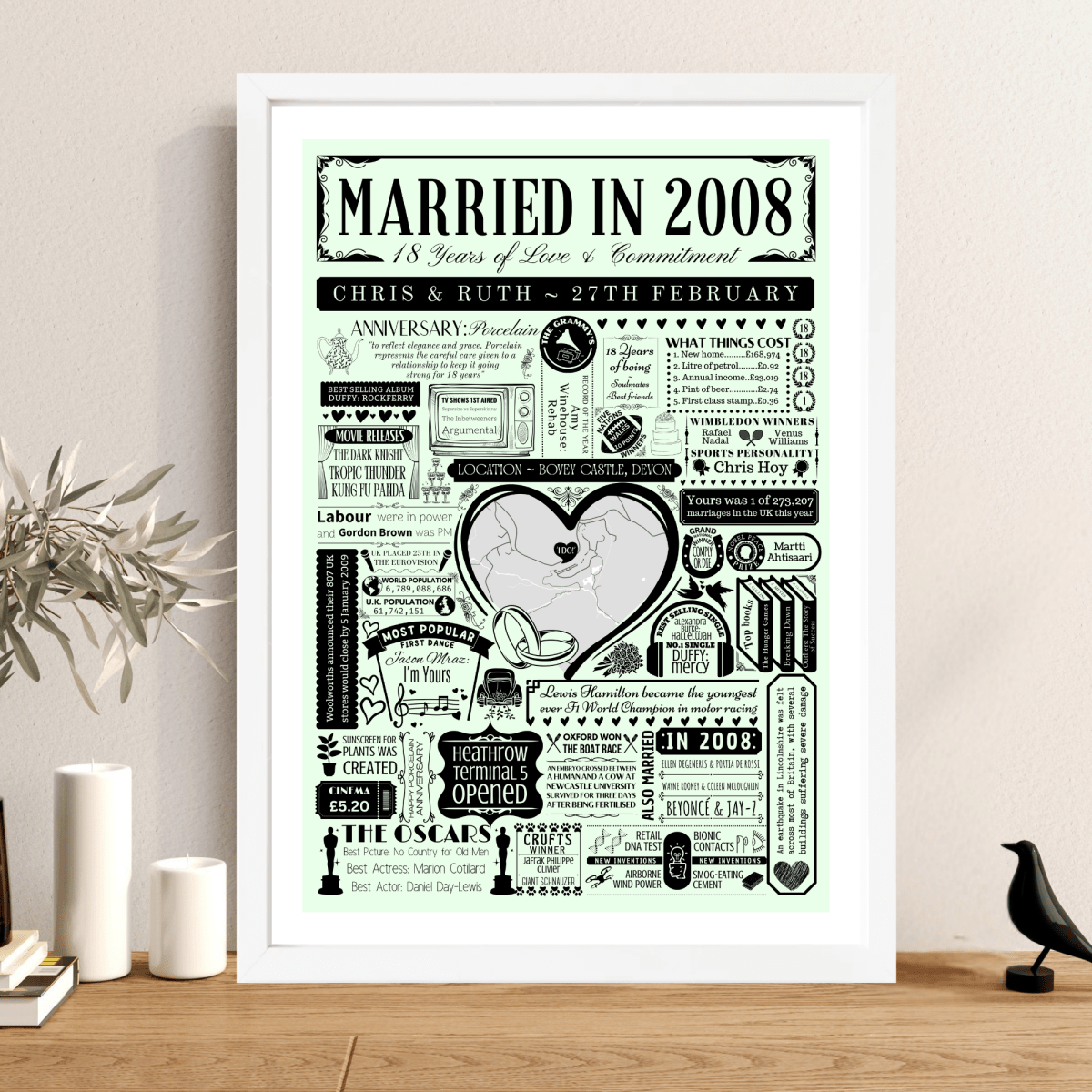Married in 2008 Wedding Location Map Print | Personalised 18th Anniversary Gift - The Word Shack