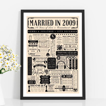 Married in 2009 Fact Print | Personalised 16th Wax Wedding Anniversary Gift - The Word Shack