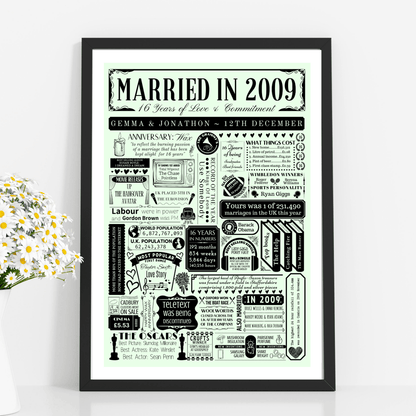 Married in 2009 Fact Print | Personalised 16th Wax Wedding Anniversary Gift - The Word Shack