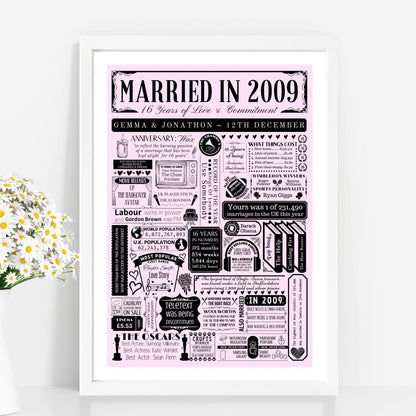 Married in 2009 Fact Print | Personalised 16th Wax Wedding Anniversary Gift - The Word Shack