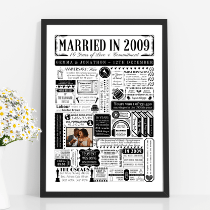 Married in 2009 Photo Fact Print | Personalised 16th Wax Wedding Anniversary Gift - The Word Shack