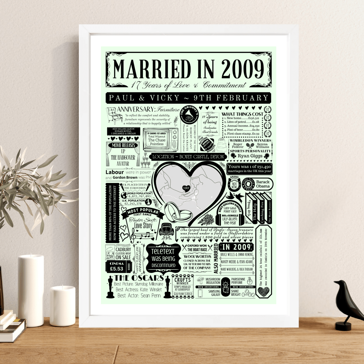 Married in 2009 Wedding Location Map Print | Personalised 17th Anniversary Gift - The Word Shack