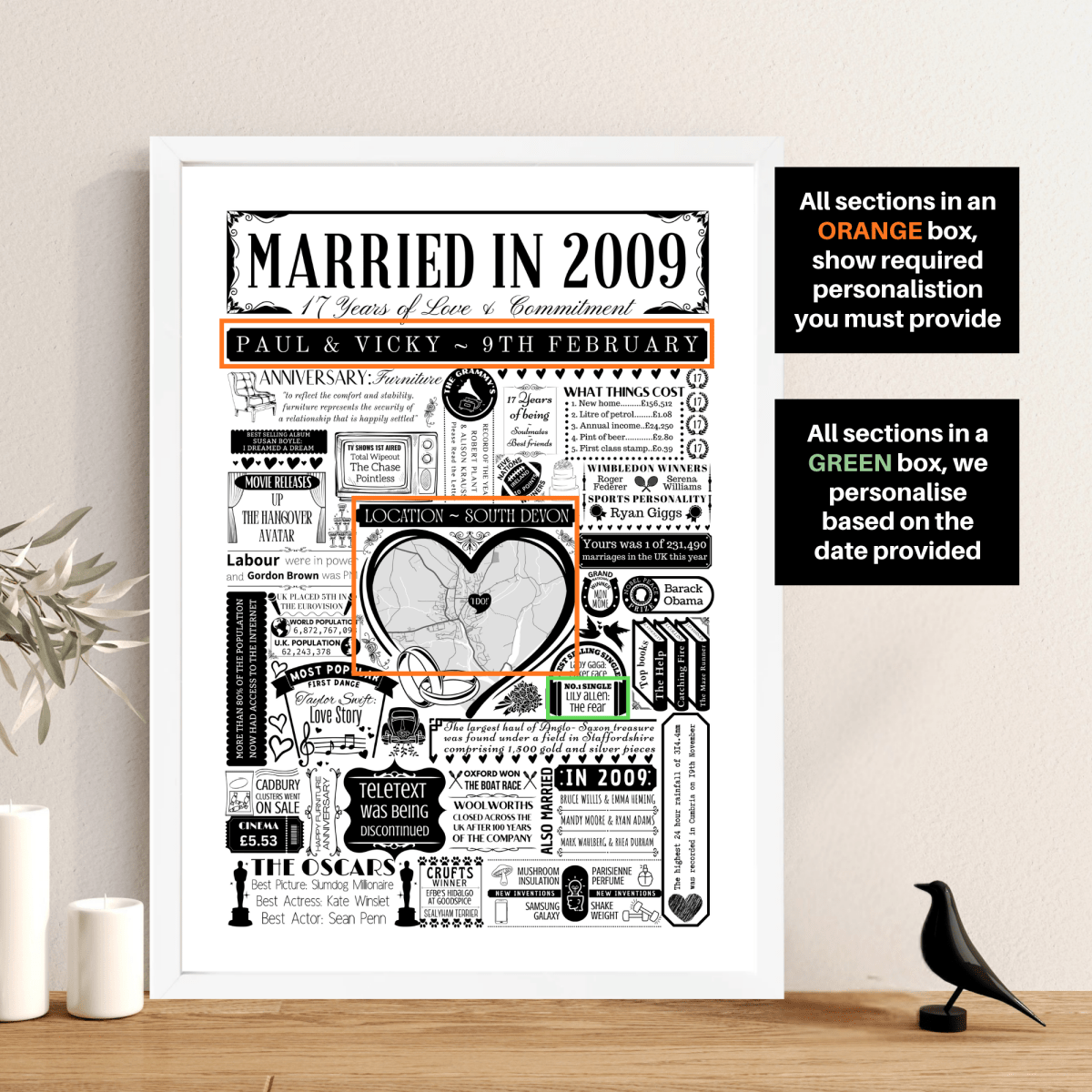 Married in 2009 Wedding Location Map Print | Personalised 17th Anniversary Gift - The Word Shack