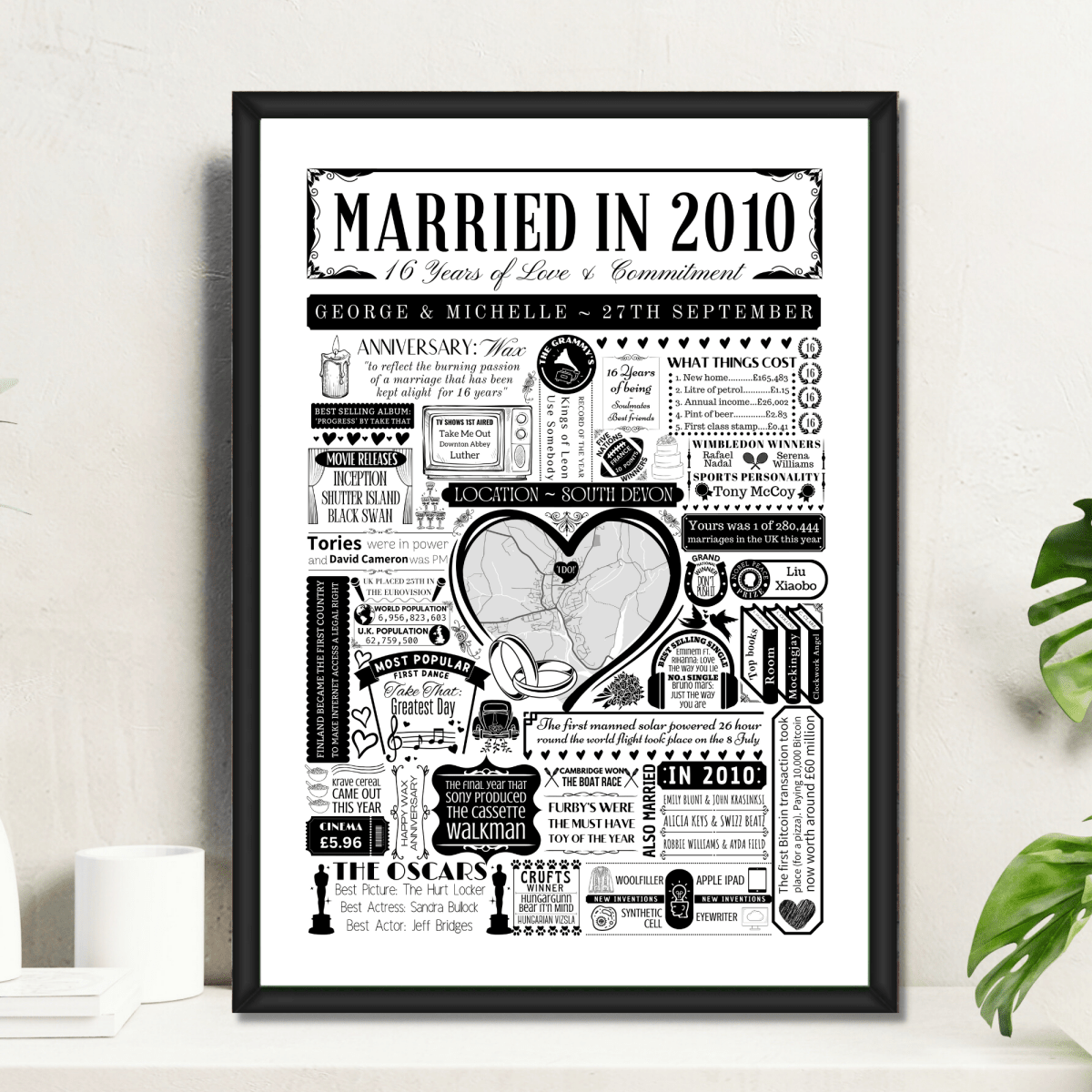 Married in 2010 Wedding Location Map Print | Personalised 16th Anniversary Gift - The Word Shack