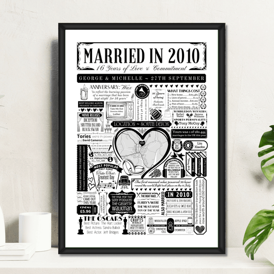 Married in 2010 Wedding Location Map Print | Personalised 16th Anniversary Gift - The Word Shack