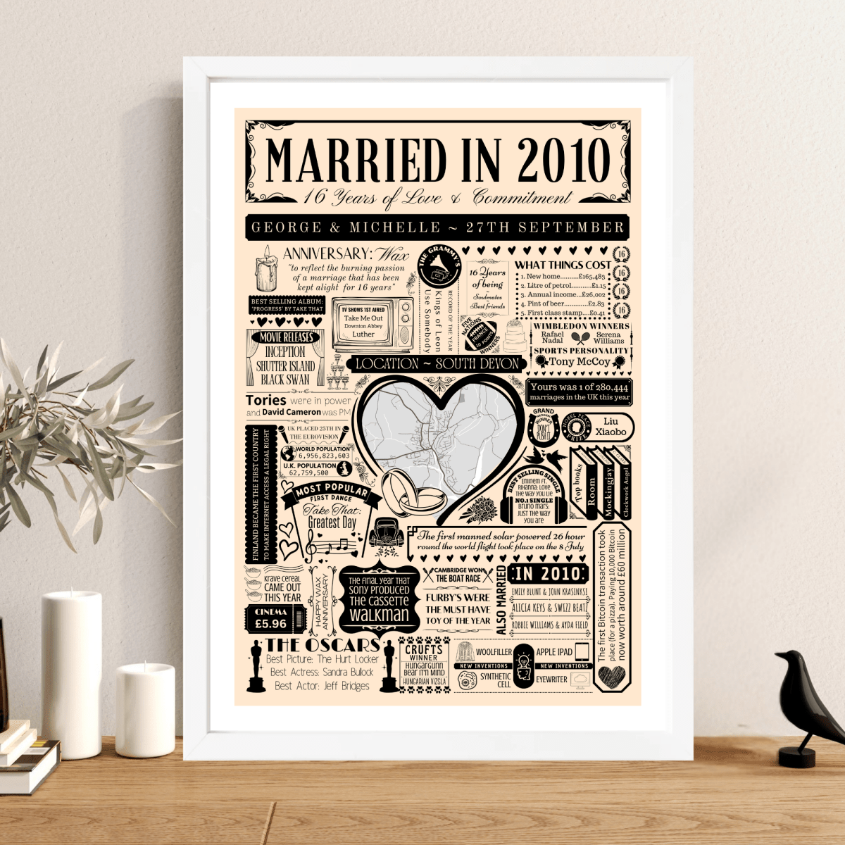 Married in 2010 Wedding Location Map Print | Personalised 16th Anniversary Gift - The Word Shack