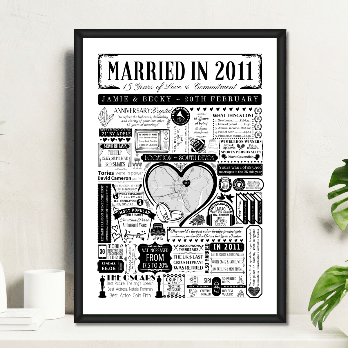 Married in 2011 Wedding Location Map Print | Personalised 15th Anniversary Gift - The Word Shack