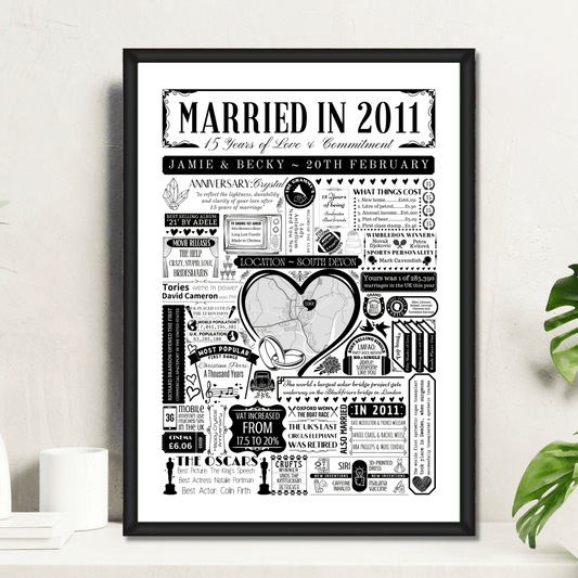 Married in 2011 Wedding Location Map Print | Personalised 15th Anniversary Gift - The Word Shack
