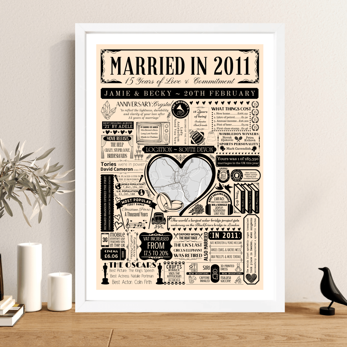 Married in 2011 Wedding Location Map Print | Personalised 15th Anniversary Gift - The Word Shack