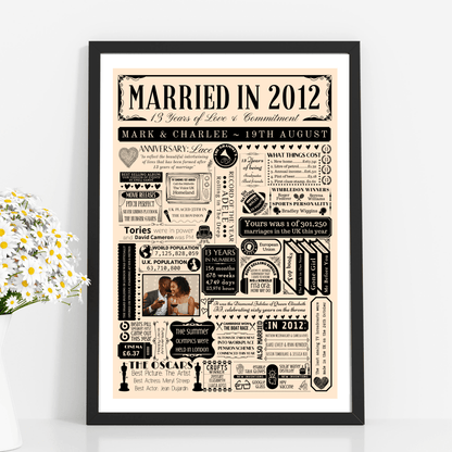 Married in 2012 Photo Fact Print | Personalised 13th Lace Wedding Anniversary Gift - The Word Shack