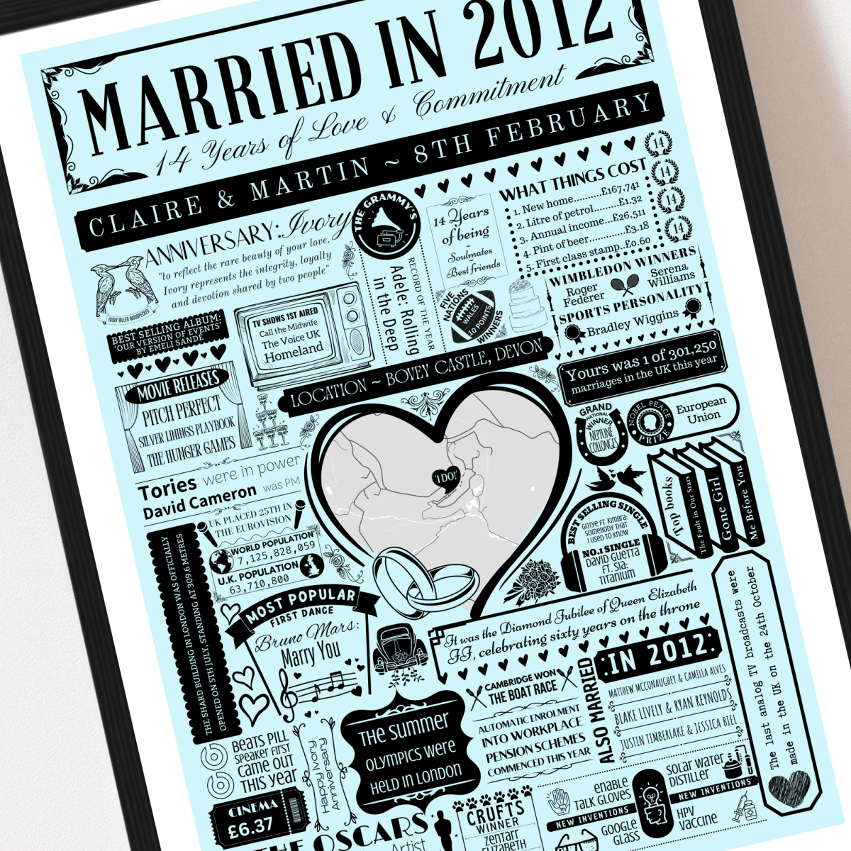 Married in 2012 Wedding Location Map Print | Personalised 14th Anniversary Gift - The Word Shack