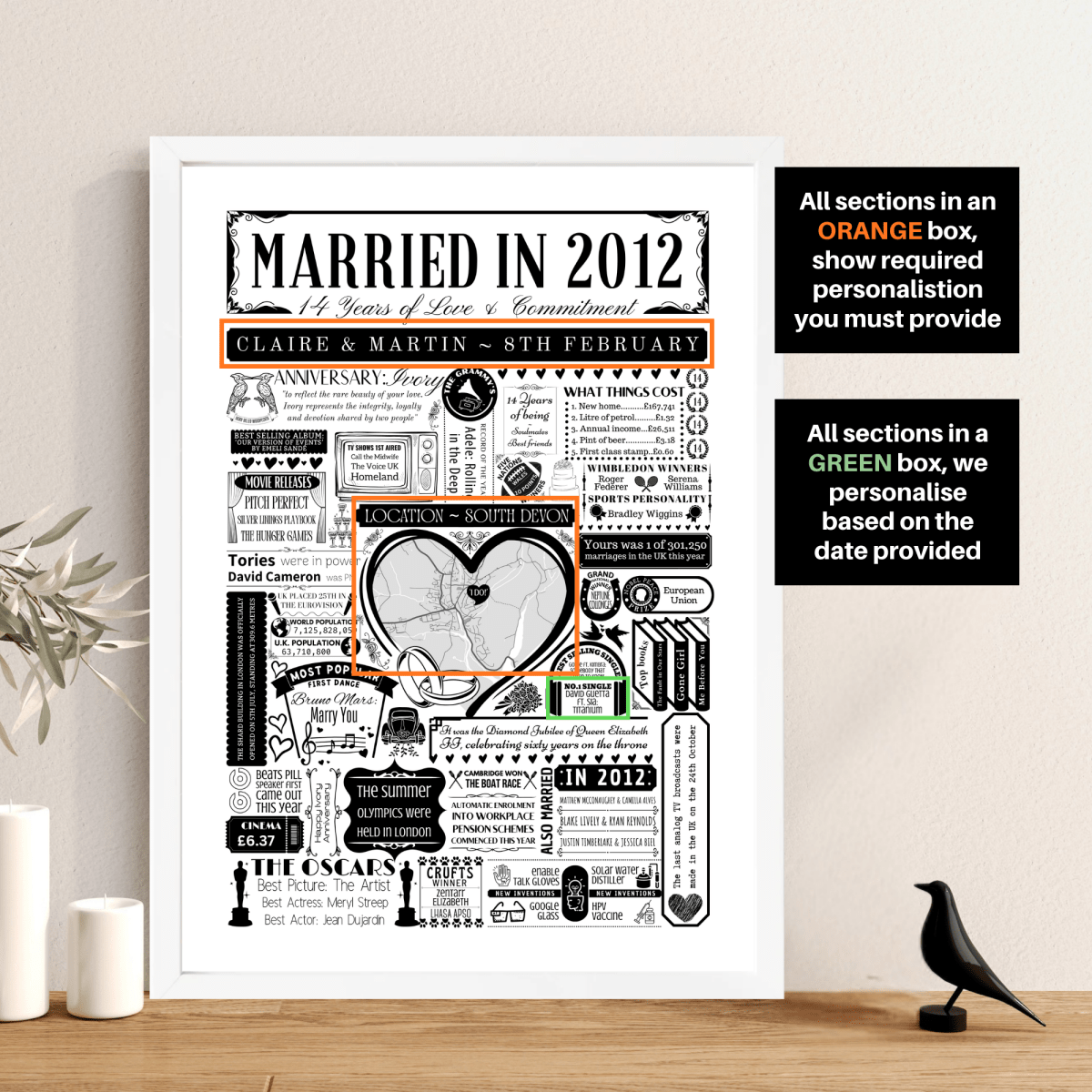 Married in 2012 Wedding Location Map Print | Personalised 14th Anniversary Gift - The Word Shack