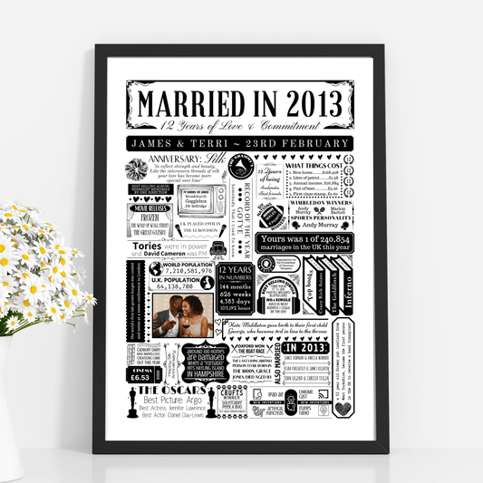 Married in 2013 Photo Fact Print | Personalised 12th Silk Wedding Anniversary Gift - The Word Shack