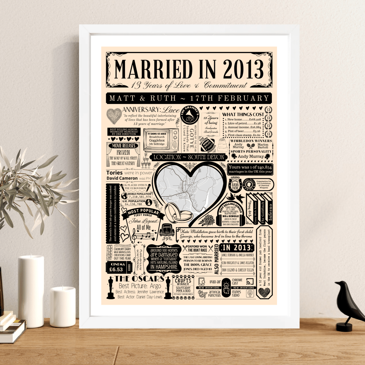 Married in 2013 Wedding Location Map Print | Personalised 13th Anniversary Gift - The Word Shack