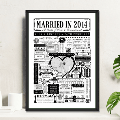 Married in 2014 Wedding Location Map Print | Personalised 12th Anniversary Gift - The Word Shack