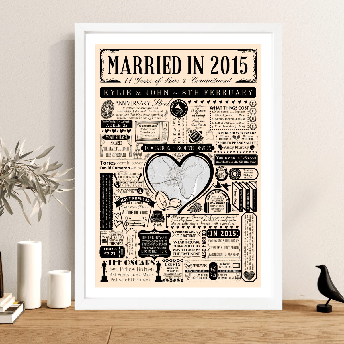 Married in 2015 Wedding Location Map Print | Personalised 11th Anniversary Gift - The Word Shack
