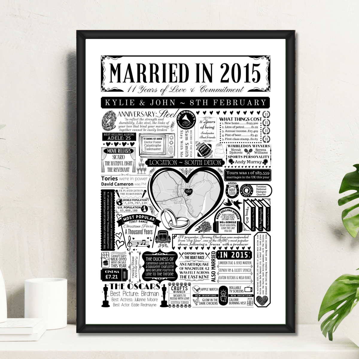 Married in 2015 Wedding Location Map Print | Personalised 11th Anniversary Gift - The Word Shack