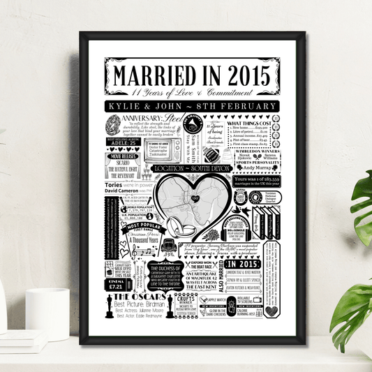 Married in 2015 Wedding Location Map Print | Personalised 11th Anniversary Gift - The Word Shack