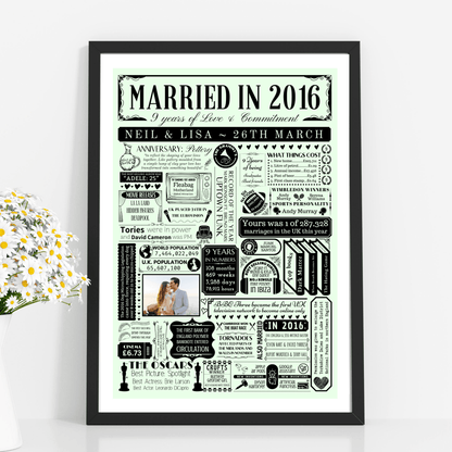 Married in 2016 Photo Fact Print | Personalised 9th Pottery Wedding Anniversary Gift - The Word Shack