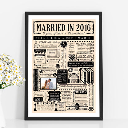 Married in 2016 Photo Fact Print | Personalised 9th Pottery Wedding Anniversary Gift - The Word Shack