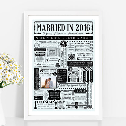 Married in 2016 Photo Fact Print | Personalised 9th Pottery Wedding Anniversary Gift - The Word Shack