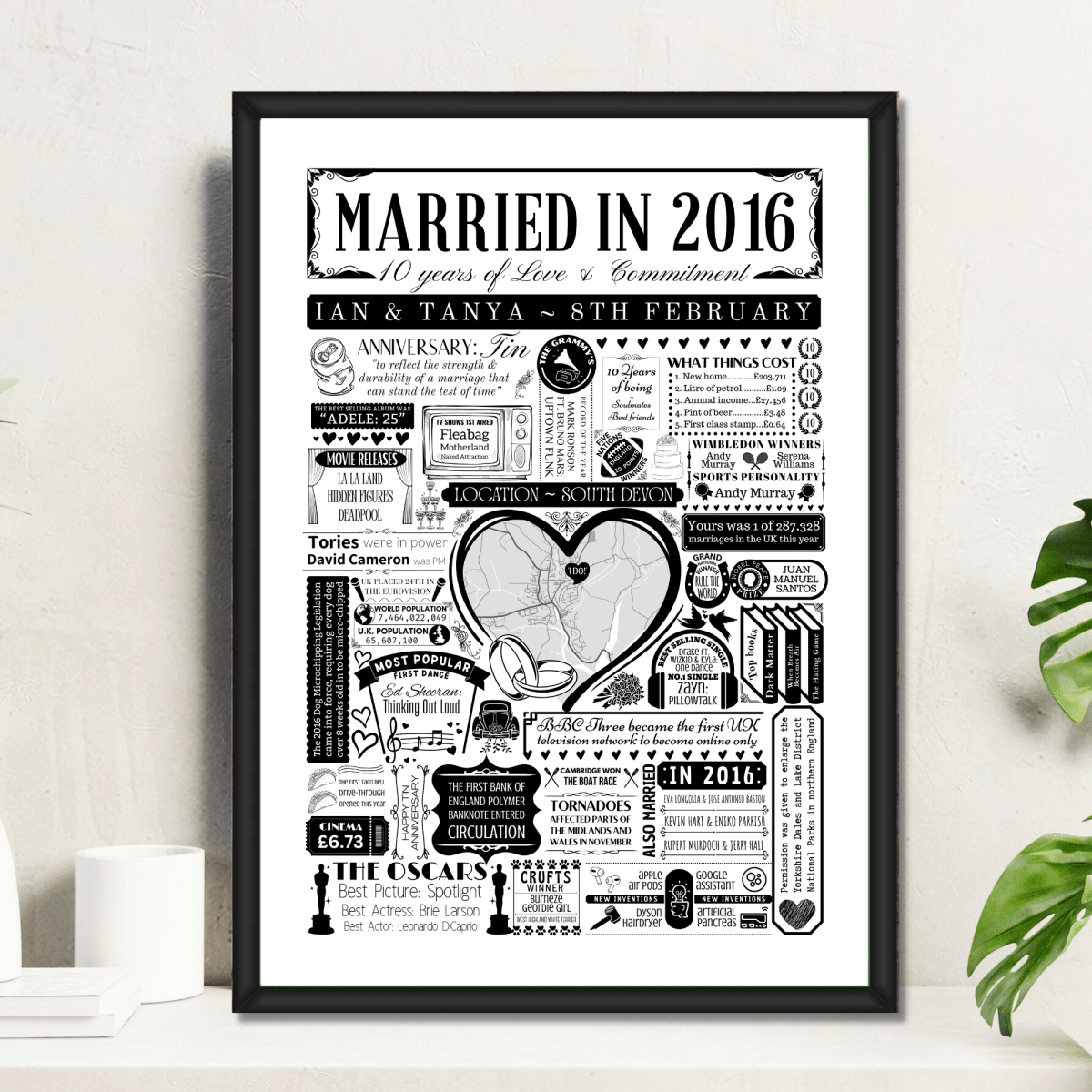 Married in 2016 Wedding Location Map Print | Personalised 10th Anniversary Gift - The Word Shack