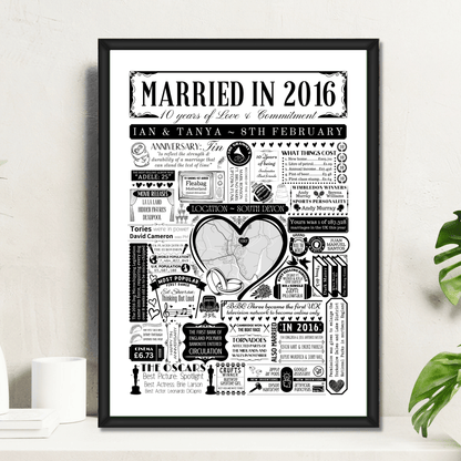 Married in 2016 Wedding Location Map Print | Personalised 10th Anniversary Gift - The Word Shack