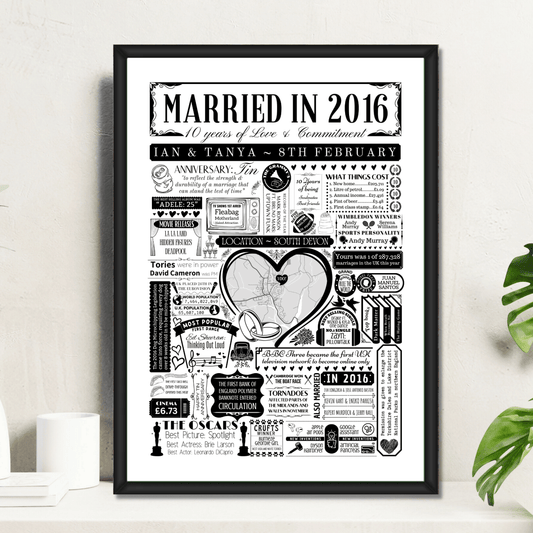 Married in 2016 Wedding Location Map Print | Personalised 10th Anniversary Gift - The Word Shack